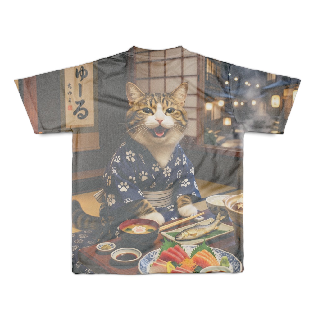 【両面フルグラフィックTシャツ】猫の極楽温泉旅 〜またたび湯と豪華宴会〜