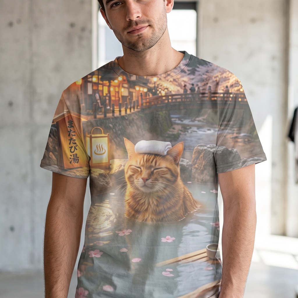 【両面フルグラフィックTシャツ】猫の極楽温泉旅 〜またたび湯と豪華宴会〜