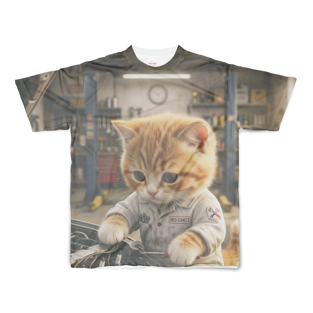 フルグラフィックTシャツ表裏別デザイン【自動車整備猫】