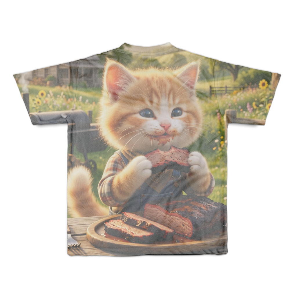 【両面フルグラ】BBQ子猫の豪快リブステーキ フルグラフィックTシャツ