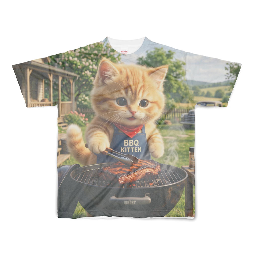 【両面フルグラ】BBQ子猫の豪快リブステーキ フルグラフィックTシャツ