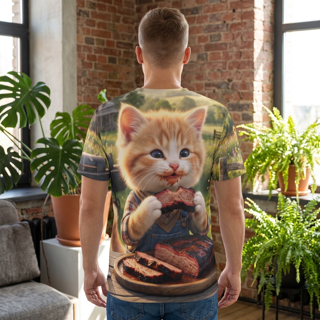 【両面フルグラ】BBQ子猫の豪快リブステーキ フルグラフィックTシャツ
