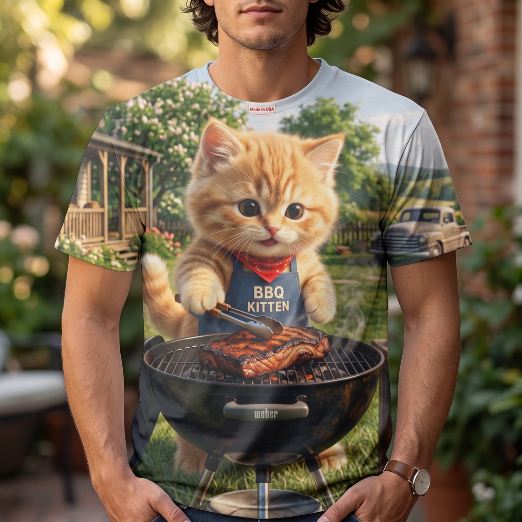【両面フルグラ】BBQ子猫の豪快リブステーキ フルグラフィックTシャツ