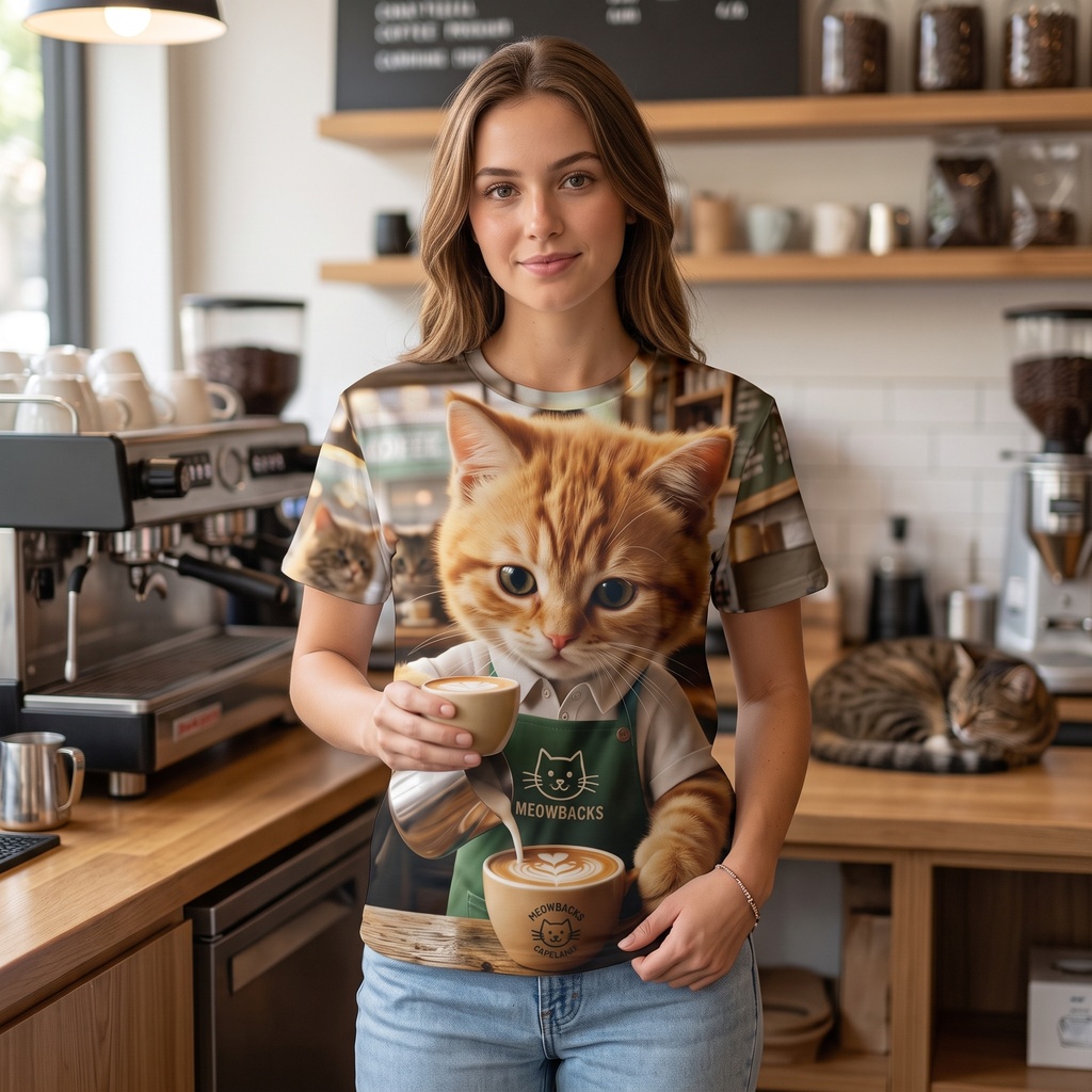 【両面フルグラフィックTシャツ】MEOWBACKS ネコバリスタ&カフェにゃんこ