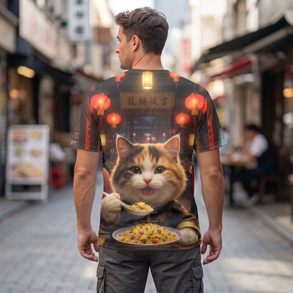 【両面フルグラフィック】町中華の猫料理長と特製炒飯Tシャツ