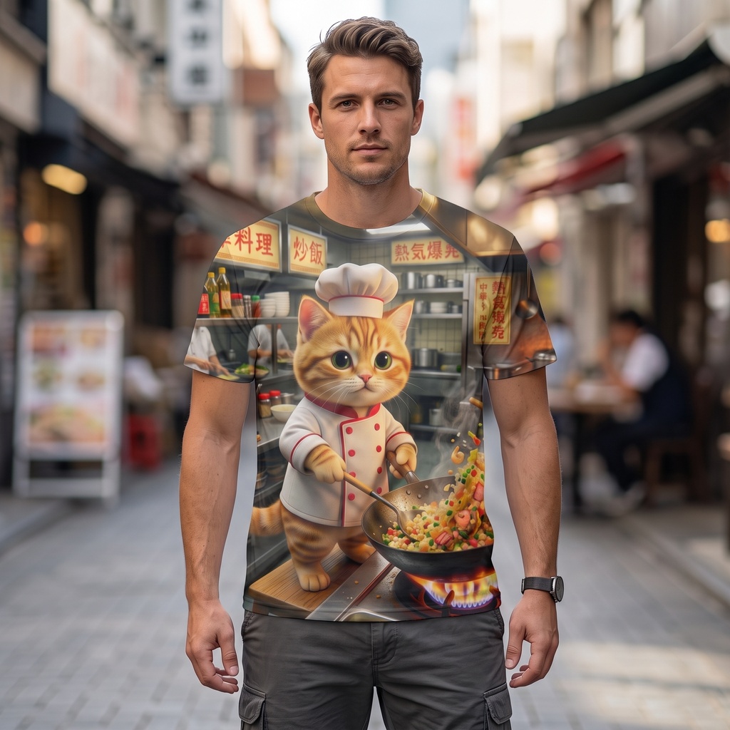 【両面フルグラフィック】町中華の猫料理長と特製炒飯Tシャツ