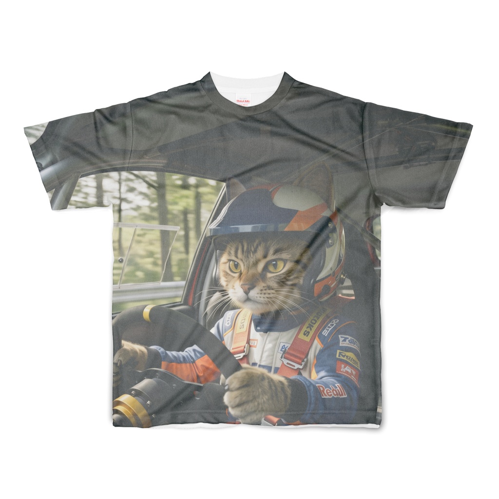【全開で行けニャ！】ラリードライバー＆ナビゲーター猫 フルグラフィックTシャツ