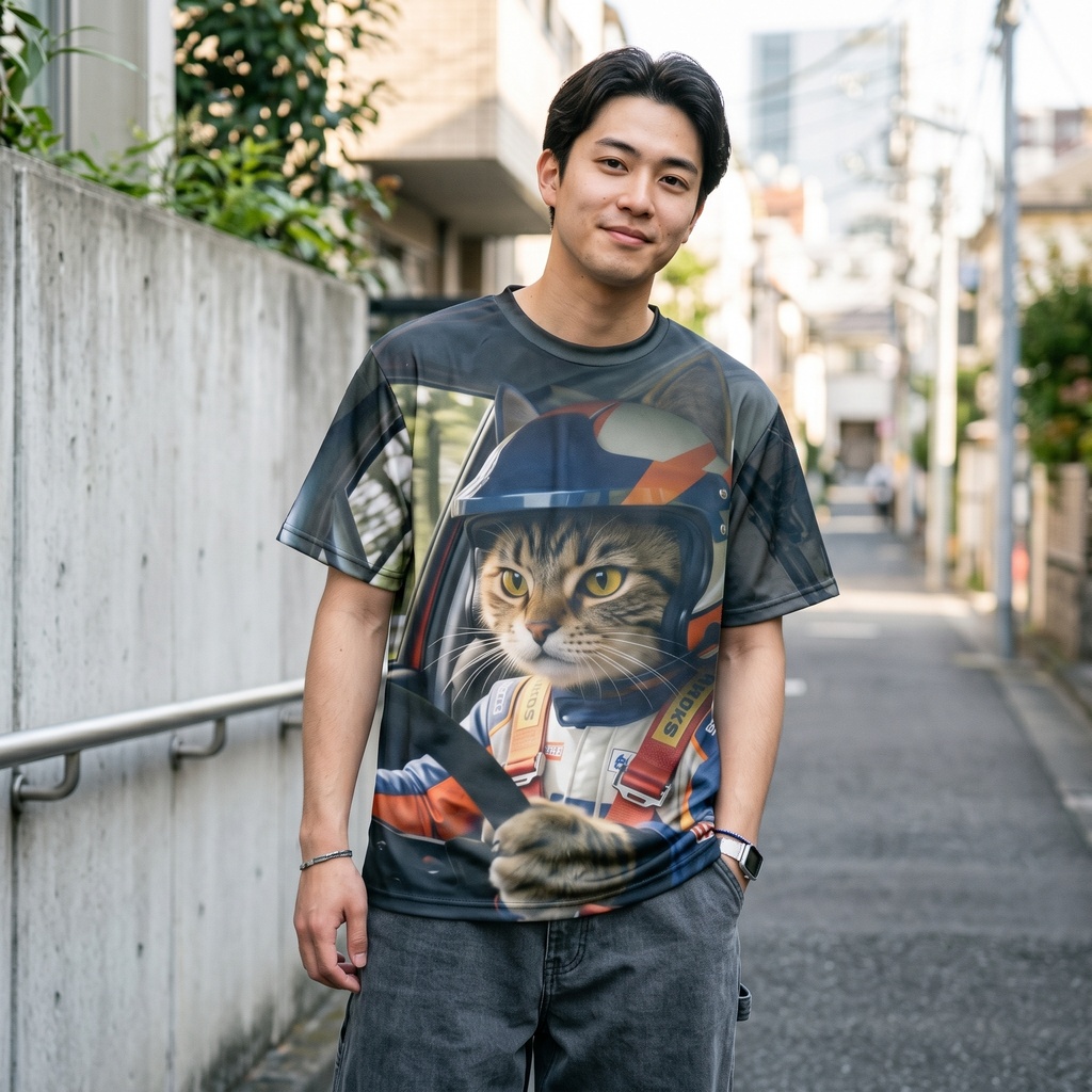 【全開で行けニャ!】ラリードライバー&ナビゲーター猫 フルグラフィックTシャツ