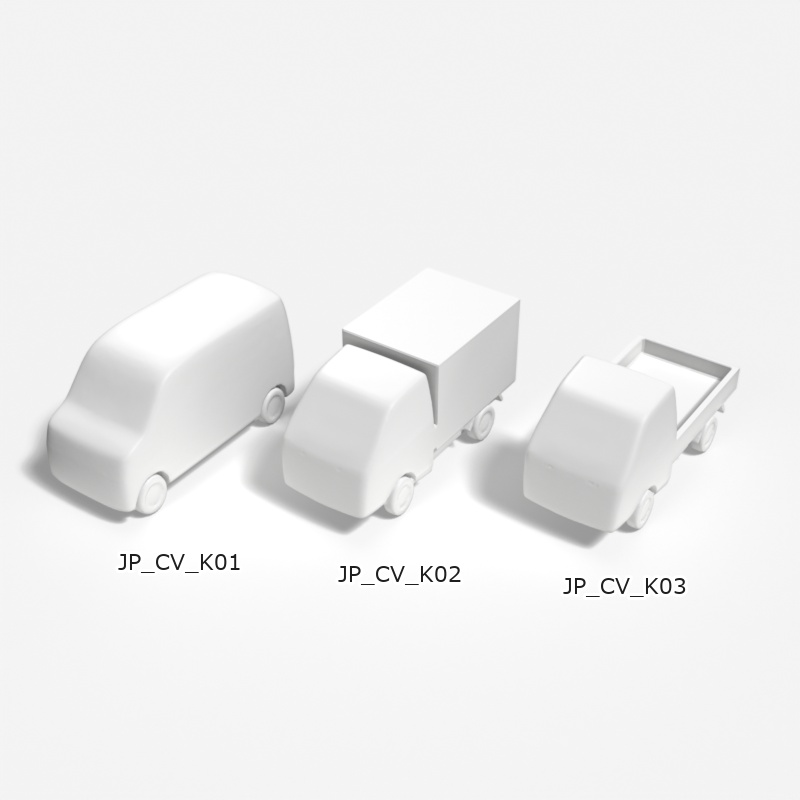 建築模型用 添景3Dデータ：軽商用車3台セット（Pack 01） 3D Staffage Data for Architectural Scale Models: Light Commercial Vehicles 3-Piece Set (Pack 01)