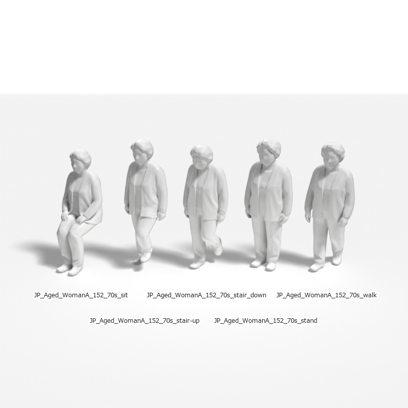 建築模型用 添景3Dデータ(1/50):高齢女性A(5ポーズセット)1/50 Scale 3D Staffage Data for Architectural Scale Models: Elderly Woman A (Set of 5 Poses)