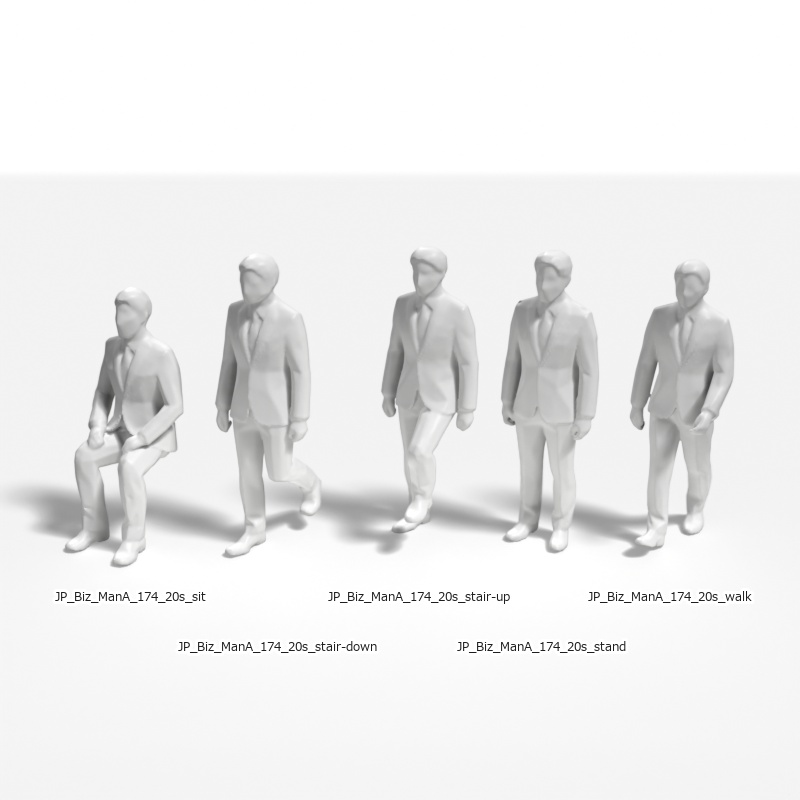 建築模型用 添景3Dデータ(1/50):ビジネスマンA(5ポーズセット) 1/50 Scale 3D Staffage Data for Architectural Scale Models: Businessman A (Set of 5 Poses)