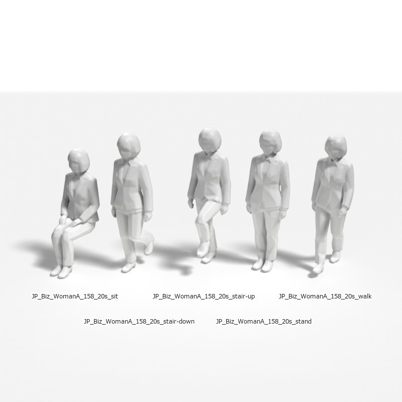 建築模型用 添景3Dデータ（1/50）：ビジネスウーマンA（5ポーズセット） 1/50 Scale 3D Staffage Data for Architectural Scale Models: Businesswoman A (Set of 5 Poses)