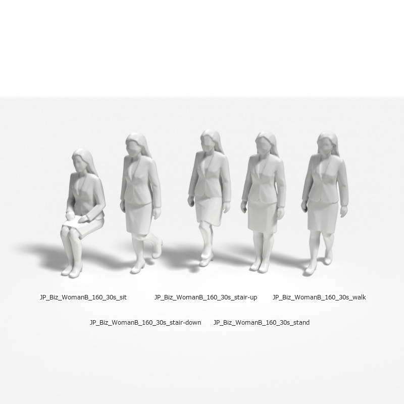 建築模型用 添景3Dデータ（1/50）：ビジネスウーマンB（5ポーズセット） 1/50 Scale 3D Staffage Data for Architectural Scale Models: Businesswoman B (Set of 5 Poses)