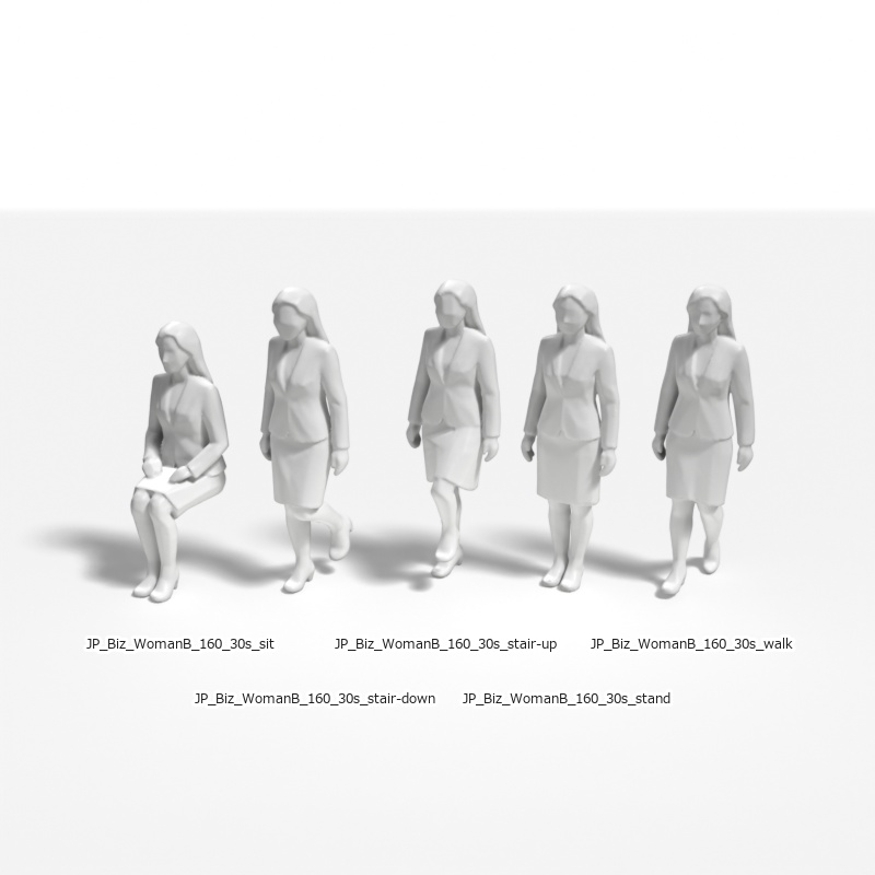 建築模型用 添景3Dデータ（1/50）：ビジネスウーマンB（5ポーズセット） 1/50 Scale 3D Staffage Data for Architectural Scale Models: Businesswoman B (Set of 5 Poses)