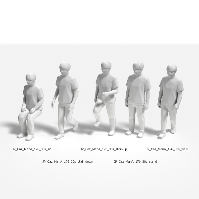 建築模型用 添景3Dデータ（1/50）：カジュアル男性A（5ポーズセット） 1/50 Scale 3D Staffage Data for Architectural Scale Models: Casual Man A (Set of 5 Poses)