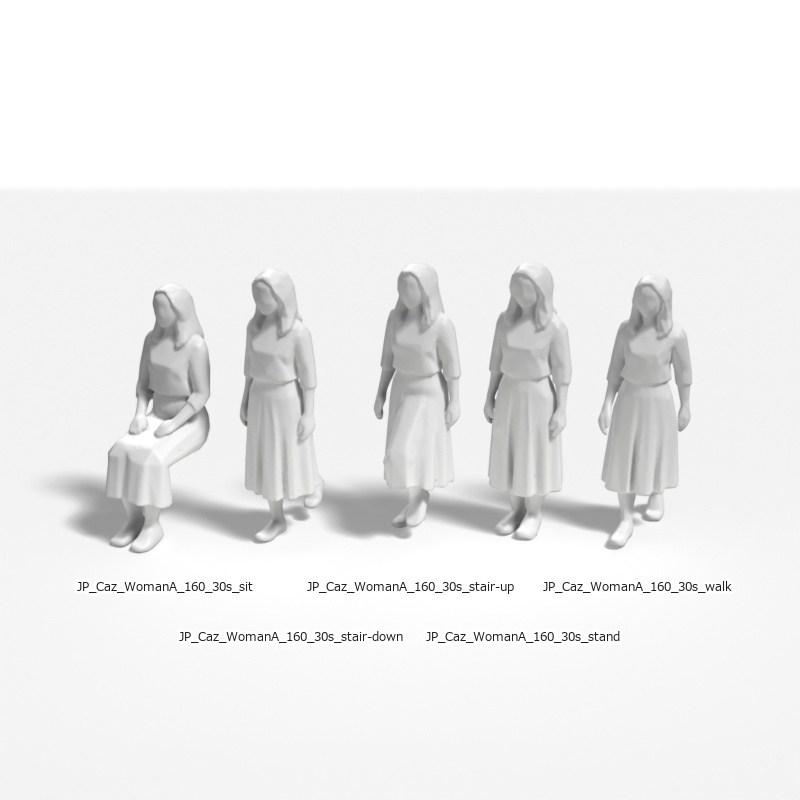建築模型用 添景3Dデータ（1/50）：カジュアル女性A（5ポーズセット） 1/50 Scale 3D Staffage Data for Architectural Scale Models: Casual Woman A (Set of 5 Poses)
