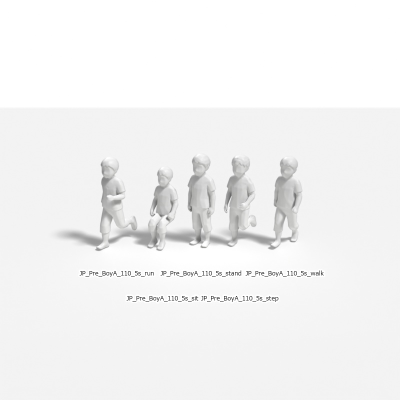 建築模型用 添景3Dデータ（1/50）：未就学男児A（5ポーズセット） 1/50 Scale 3D Staffage Data for Architectural Scale Models: Preschool Boy A (Set of 5 Poses)