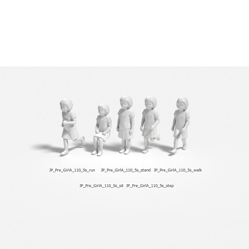 建築模型用 添景3Dデータ（1/50）：未就学女児A（5ポーズセット） 1/50 Scale 3D Staffage Data for Architectural Scale Models: Preschool Girl A (Set of 5 Poses)