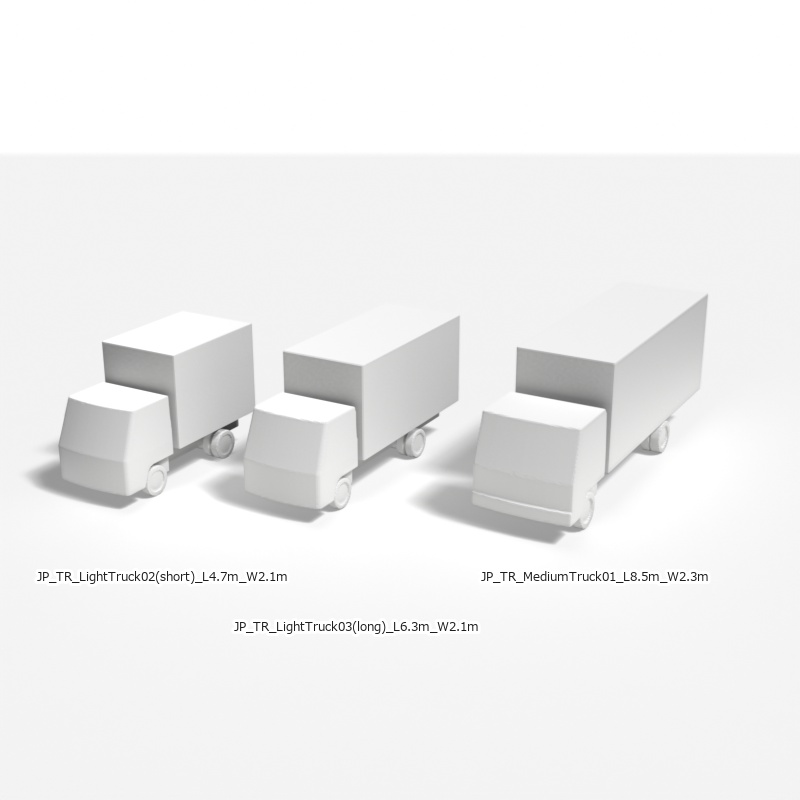 建築模型用 添景3Dデータ：物流トラック3台セット（Pack 01） 3D Staffage Data for Architectural Scale Models:Logistics Trucks 3-Piece Set (Pack 01)