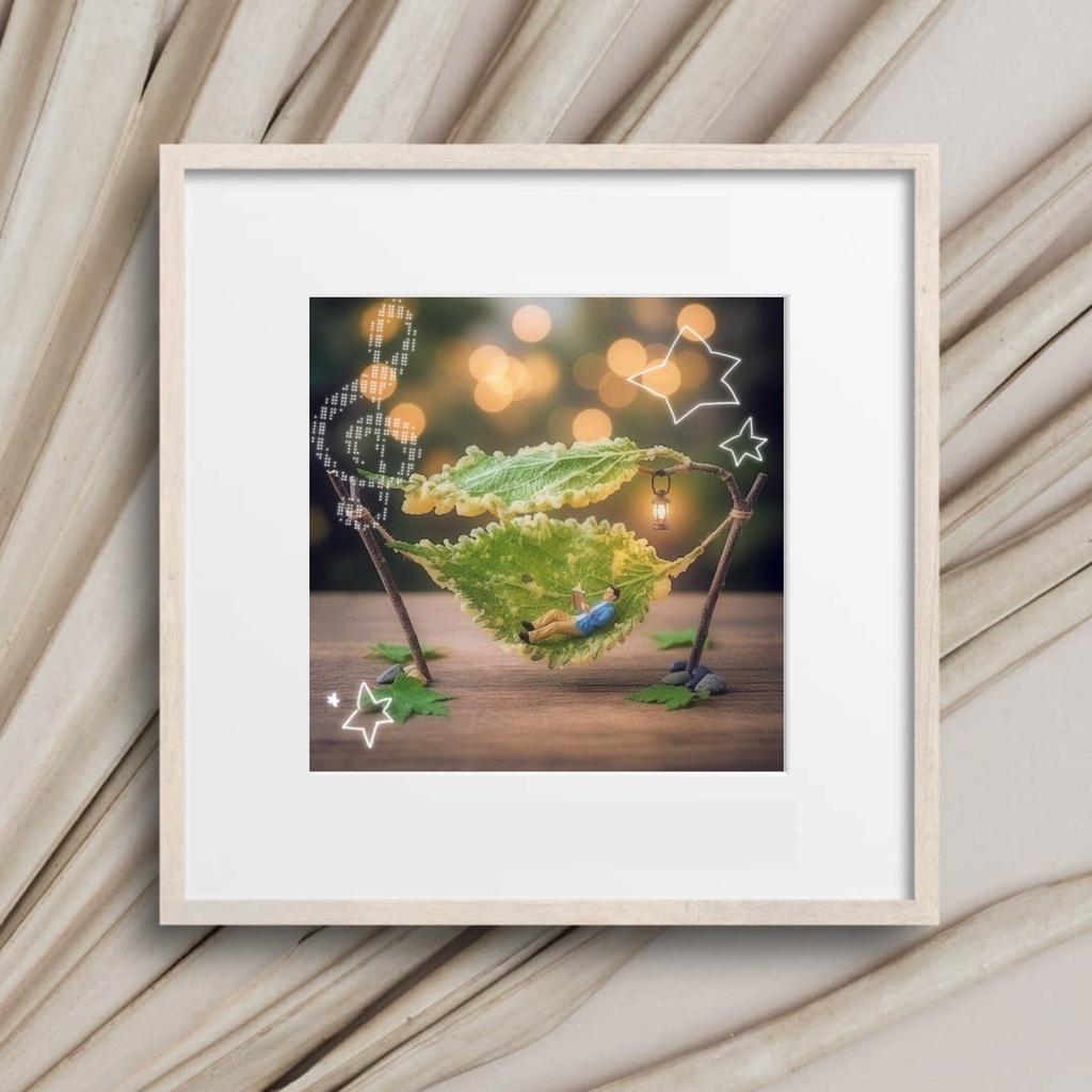 シソの天ぷらをハンモックに、くつろいでるミニチュアの人