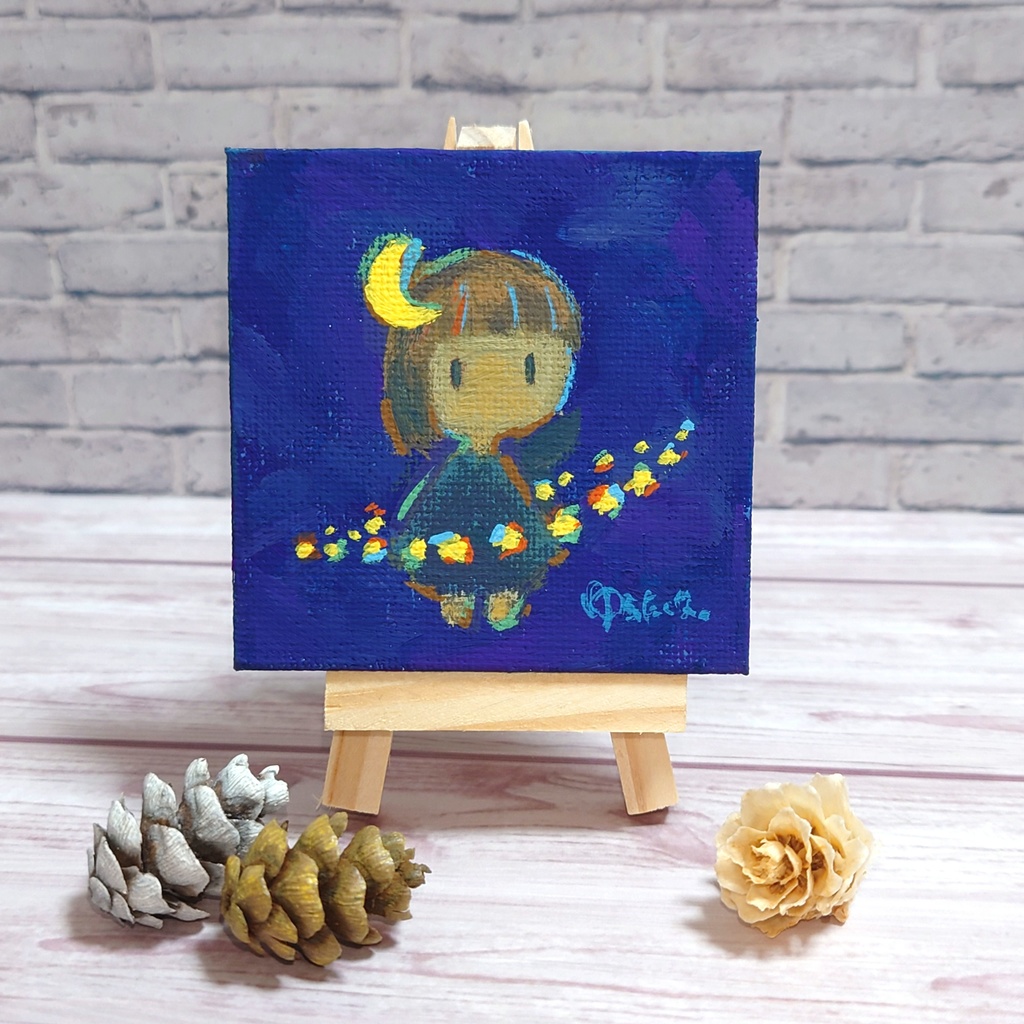ミニ原画「月と星」イーゼル付き