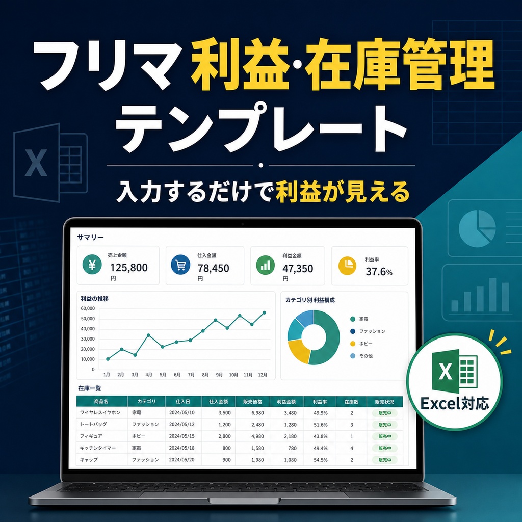 【Excel】フリマ利益・在庫管理テンプレート｜利益率・損益分岐・月次集計を自動化