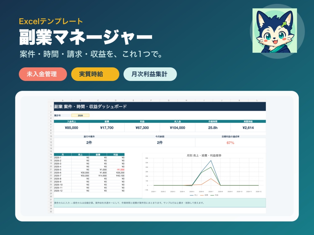 【Excel】副業案件・時間・収益管理テンプレート|未入金・実質時給を自動集計