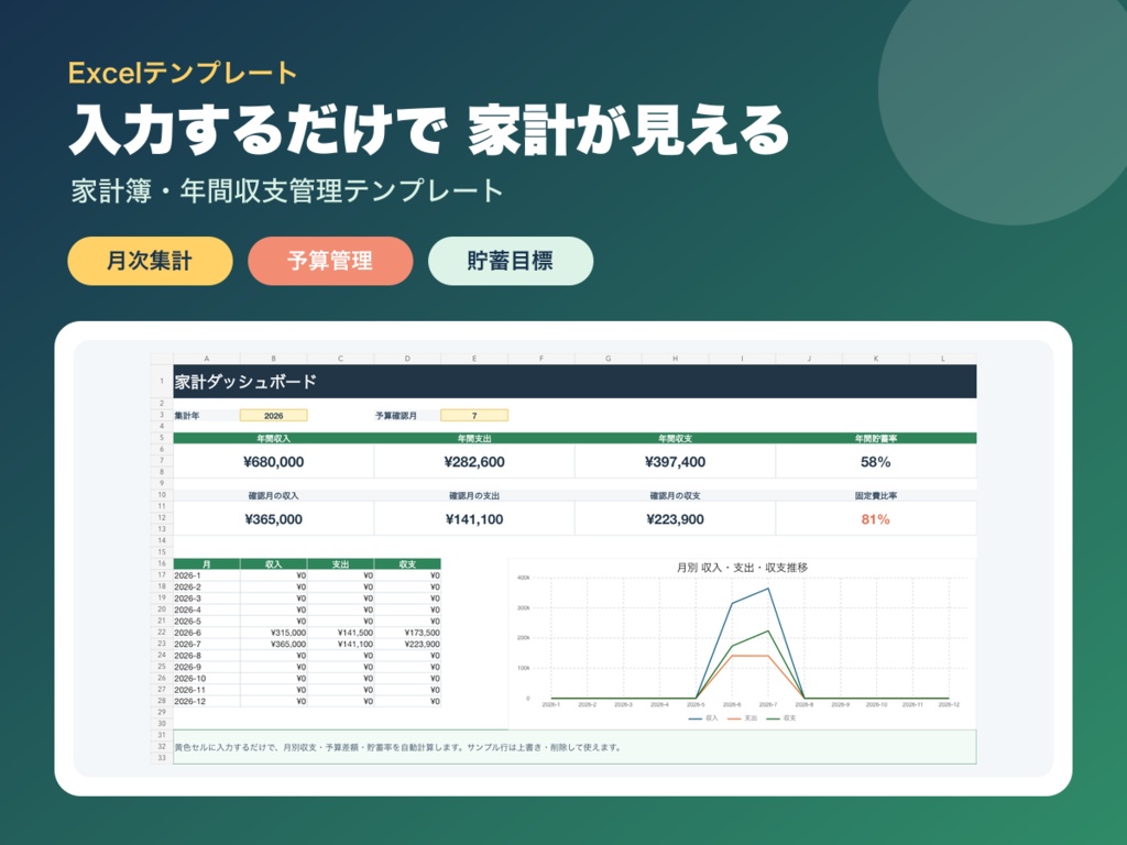 【Excel】かんたん家計簿・年間収支管理テンプレート|予算・固定費・貯蓄を自動集計