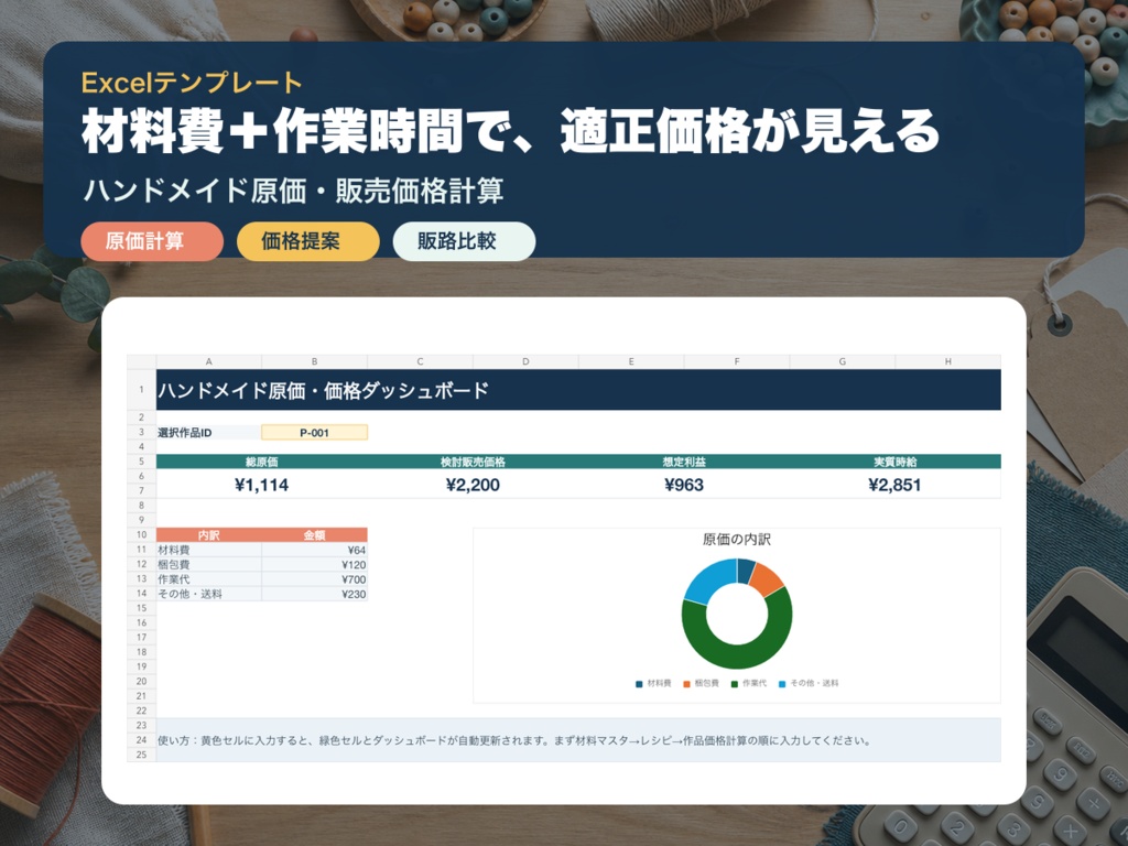 【Excel】ハンドメイドの値付け計算｜材料費・制作時間・手数料から最低価格と利益を自動算出