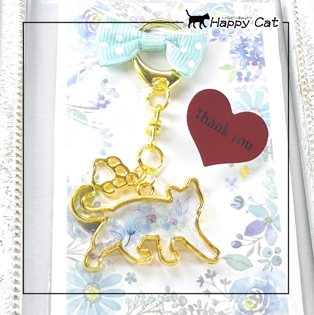 猫のキーホルダー ブルーのお花柄のシンプルキーホルダー❤