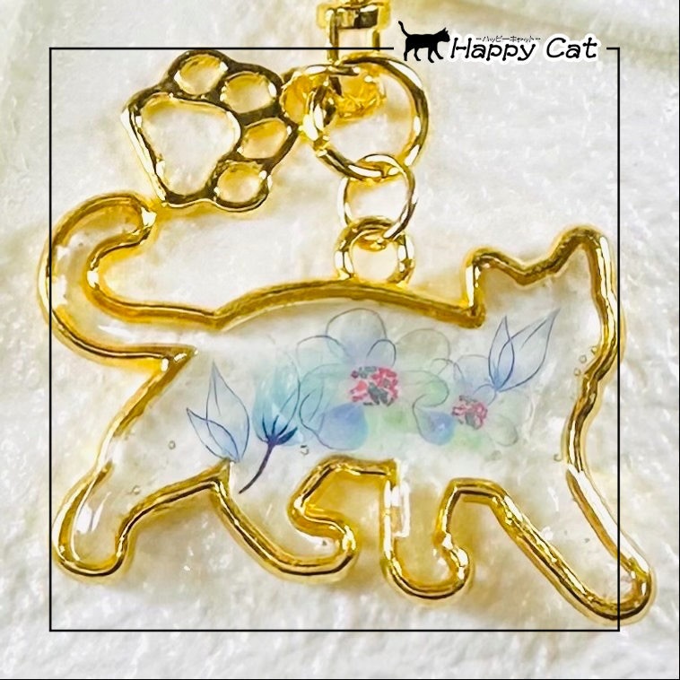猫のキーホルダー ブルーのお花柄のシンプルキーホルダー❤