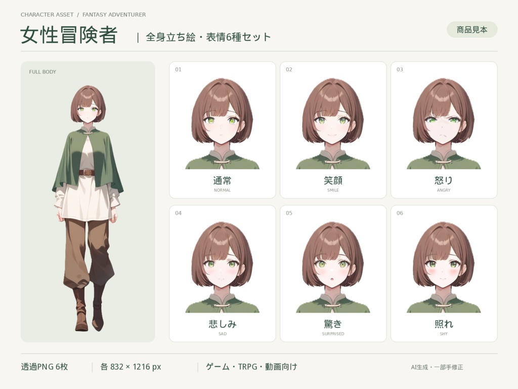 【商用利用・加工OK】女性冒険者 立ち絵｜表情6種・透過PNG【AI生成】