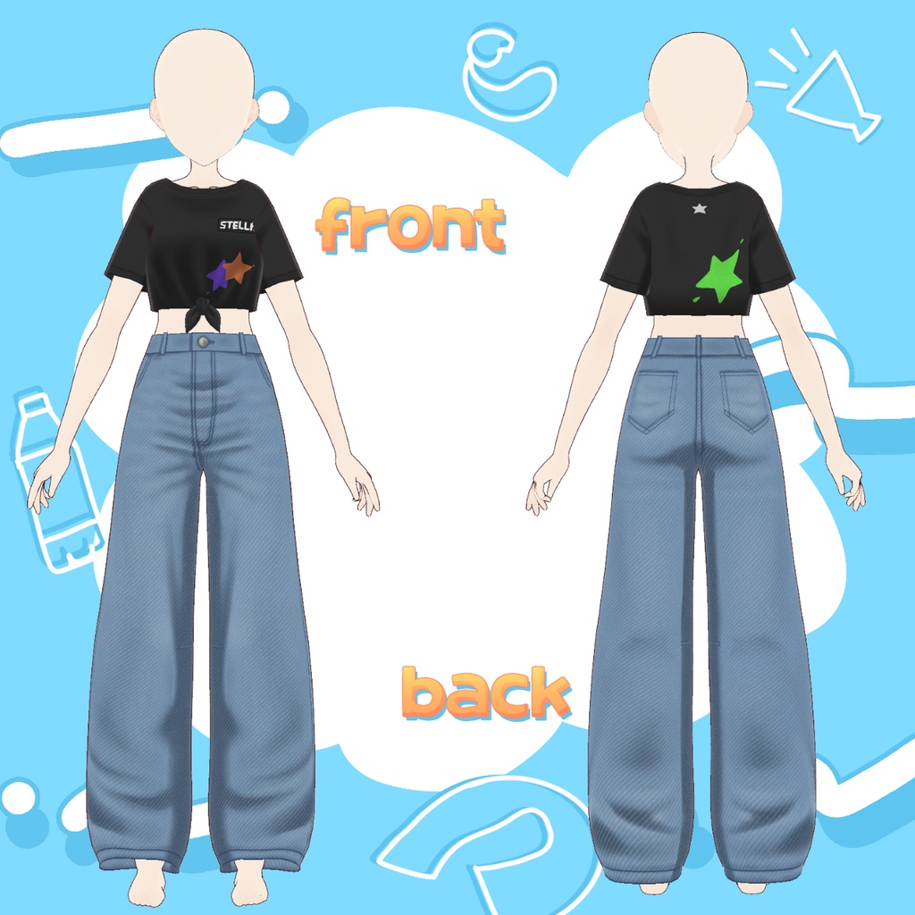 【vroid】裾結びTシャツ&バレルレッグジーンズ