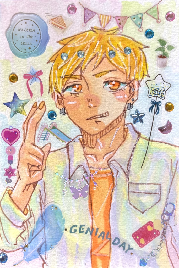 金髪男子高生/一点物アナログ原画【シールコラージュ/コピック/ポストカードサイズ】
