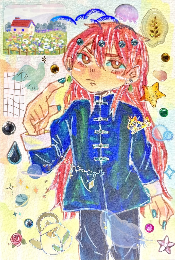 中華風男子/一点物アナログ原画【シールコラージュ/コピック/ポストカードサイズ】
