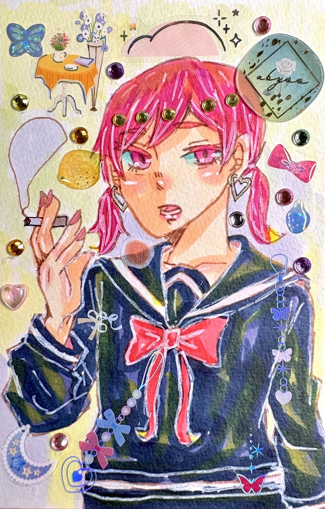 喫煙女子一点物アナログ原画【シールコラージュ/コピック/ポストカードサイズ】