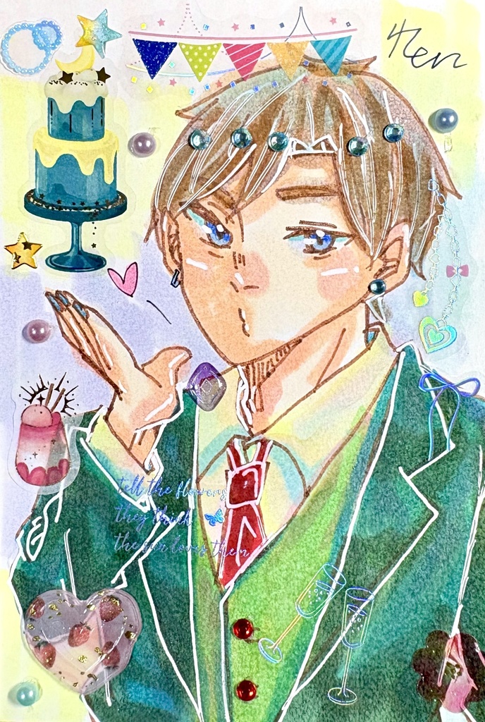 スーツ男子一点物アナログ原画【シールコラージュ/コピック/ポストカードサイズ】