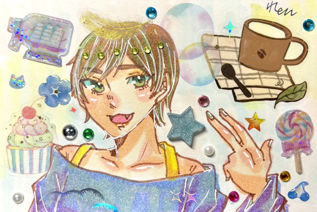 ショートカットお姉さん一点物アナログ原画【シールコラージュ/コピック/ポストカードサイズ】