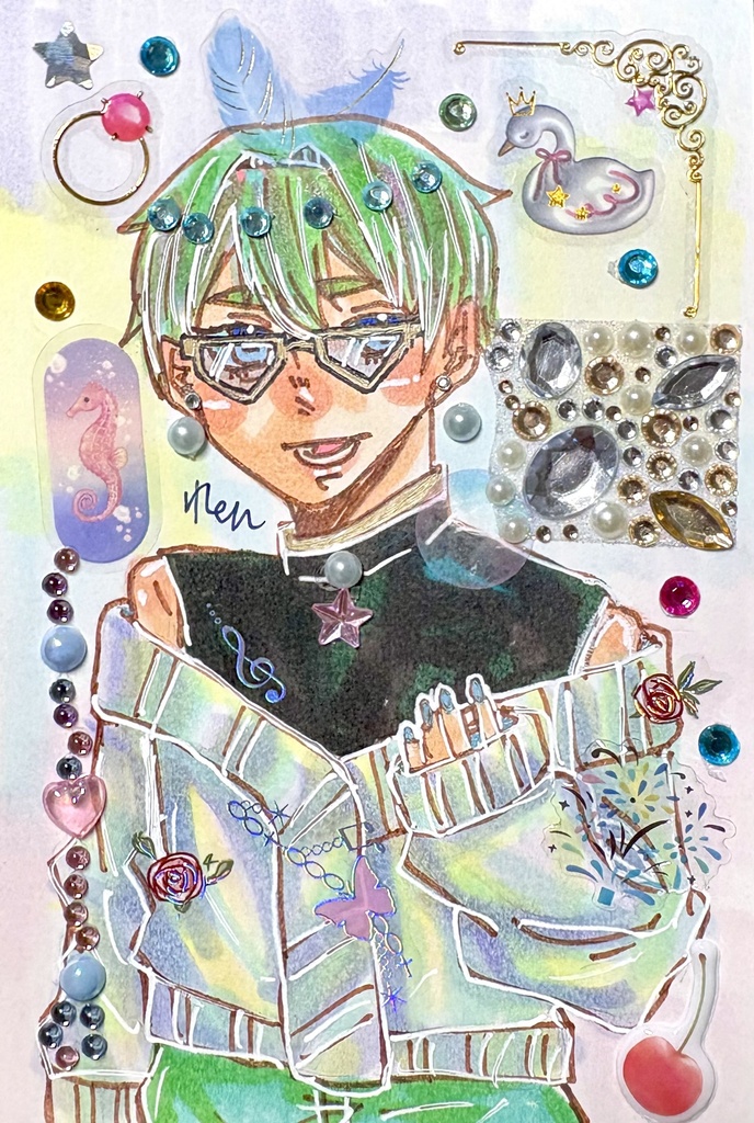 💎🫧🍀︎女子一点物アナログ原画【シールコラージュ/コピック/ポストカードサイズ】