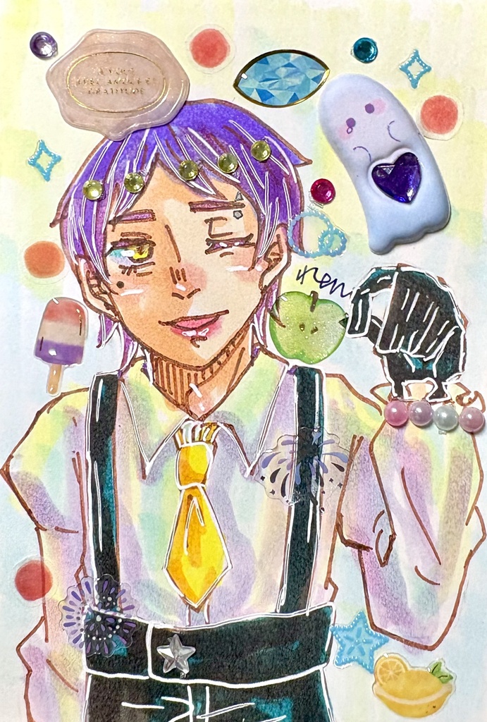 🦄🍬🌟男子一点物アナログ原画【シールコラージュ/コピック/ポストカードサイズ】
