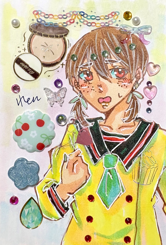 🍮🍒✨女子一点物アナログ原画【シールコラージュ/コピック/ポストカードサイズ】
