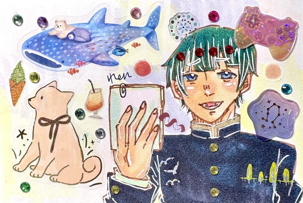 学ラン男子/一点物アナログ原画【シールコラージュ/コピック/ポストカードサイズ】