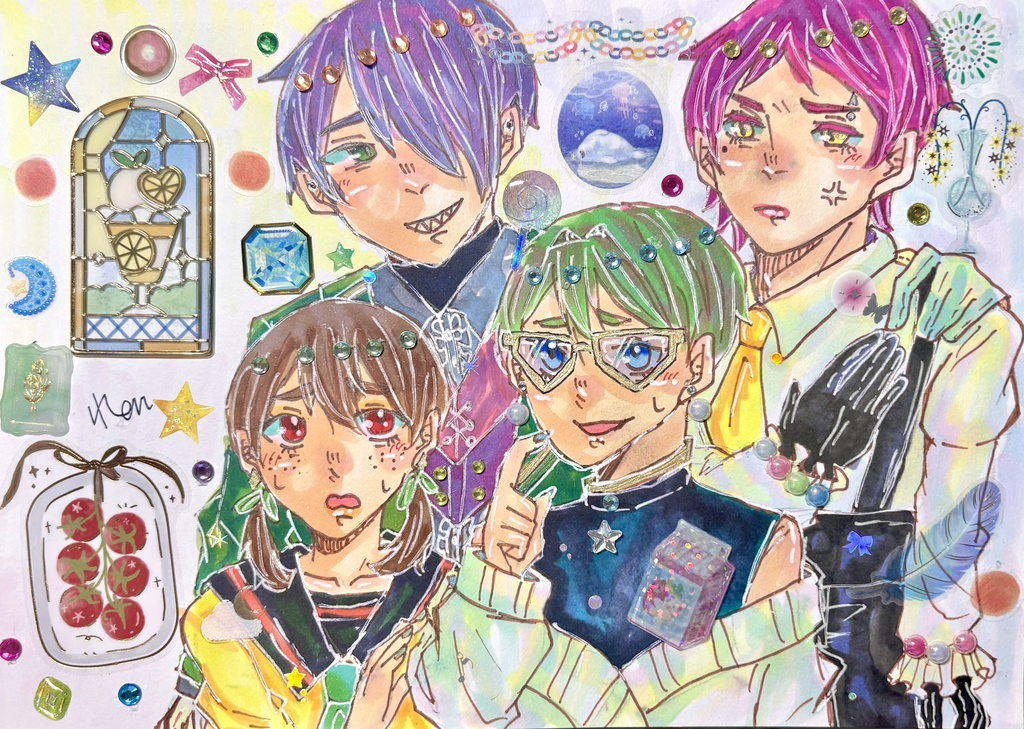 絵文字キャラデザ4人集合絵一点物アナログ原画【シールコラージュ/コピック/B5サイズ】