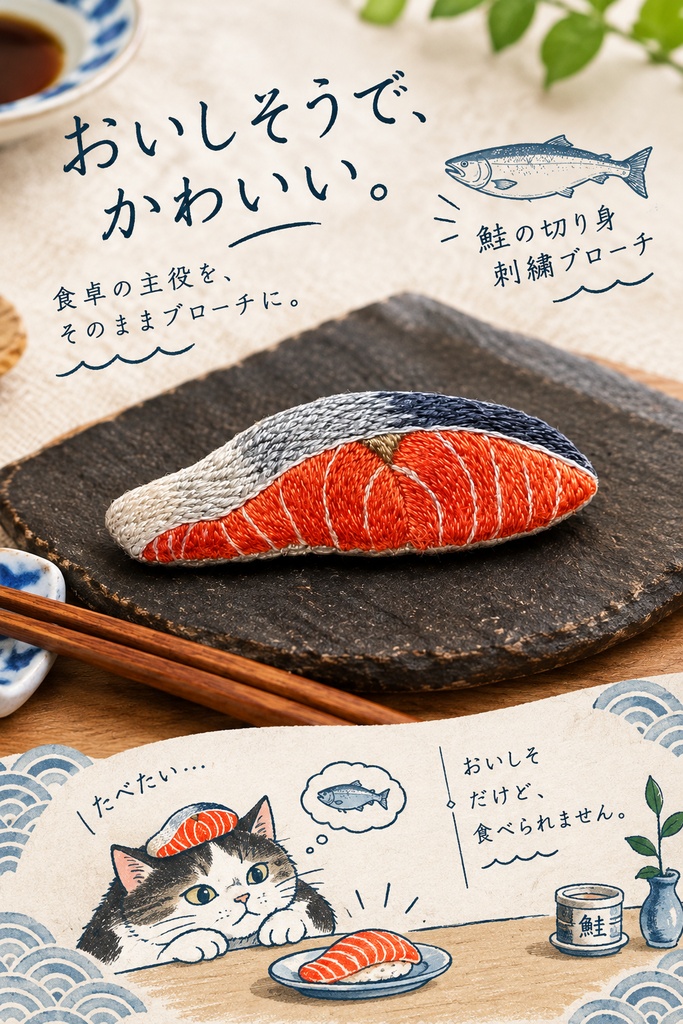 刺繍ブローチ　紅鮭