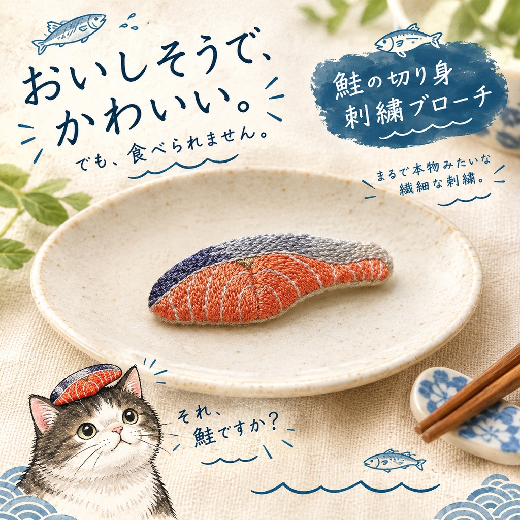 刺繍ブローチ　銀鮭