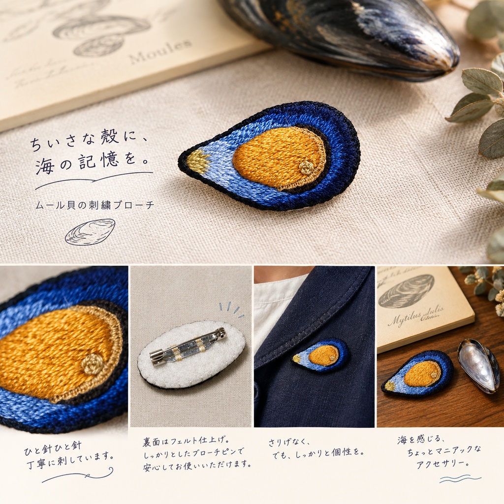 刺繍ブローチ　ムール貝　SHITA