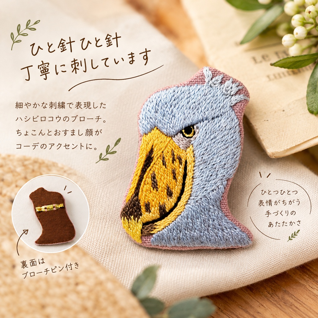 ハシビロコウ　刺繍ブローチ655