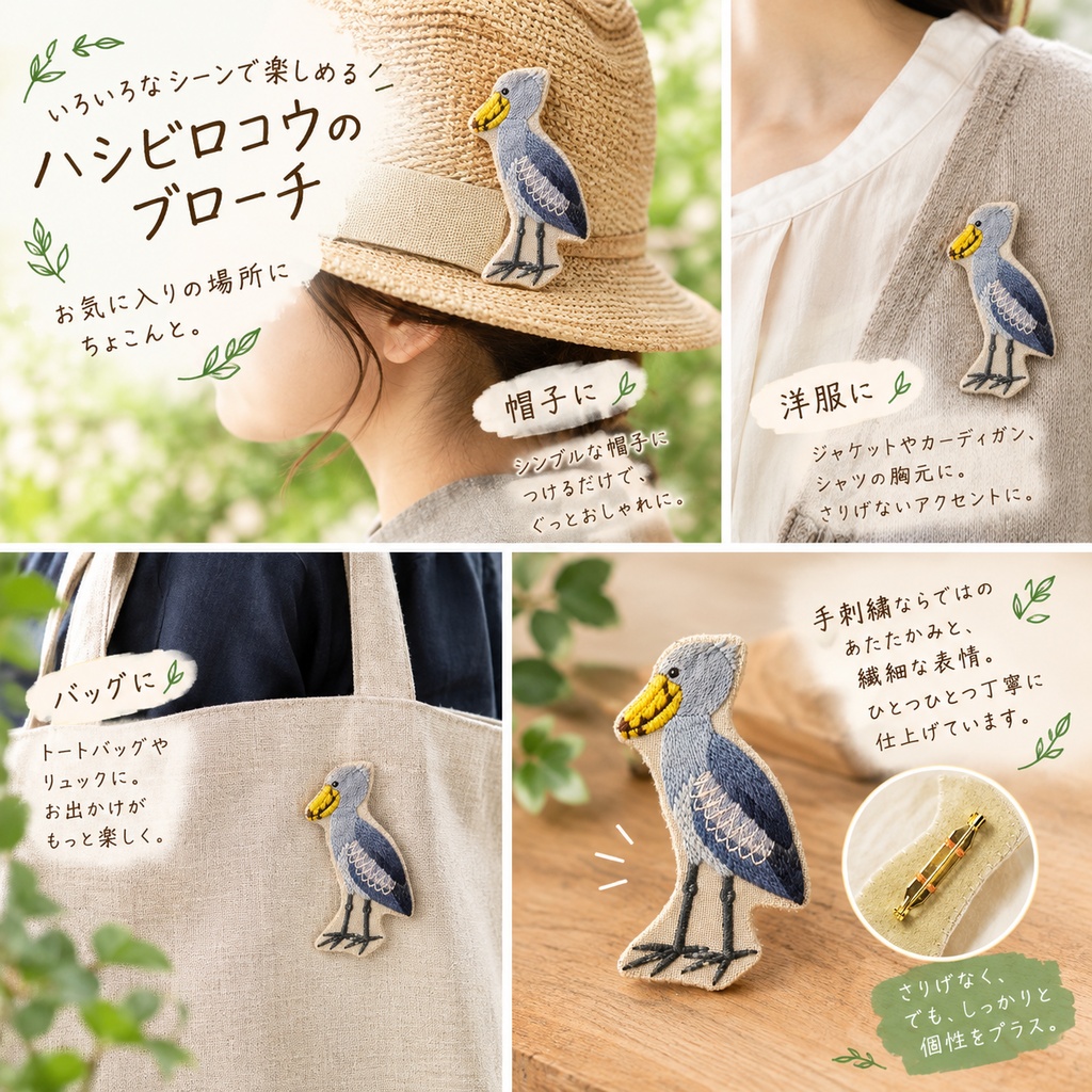 ハシビロコウ(全身) 刺繍ブローチ658