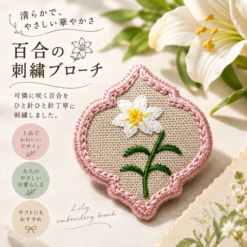 百合の刺繍ブローチ　652