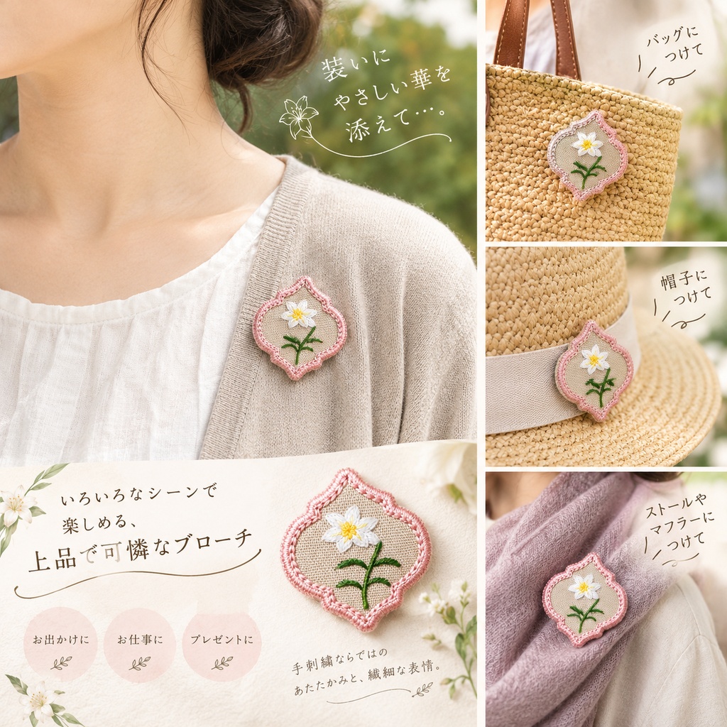 百合の刺繍ブローチ 652